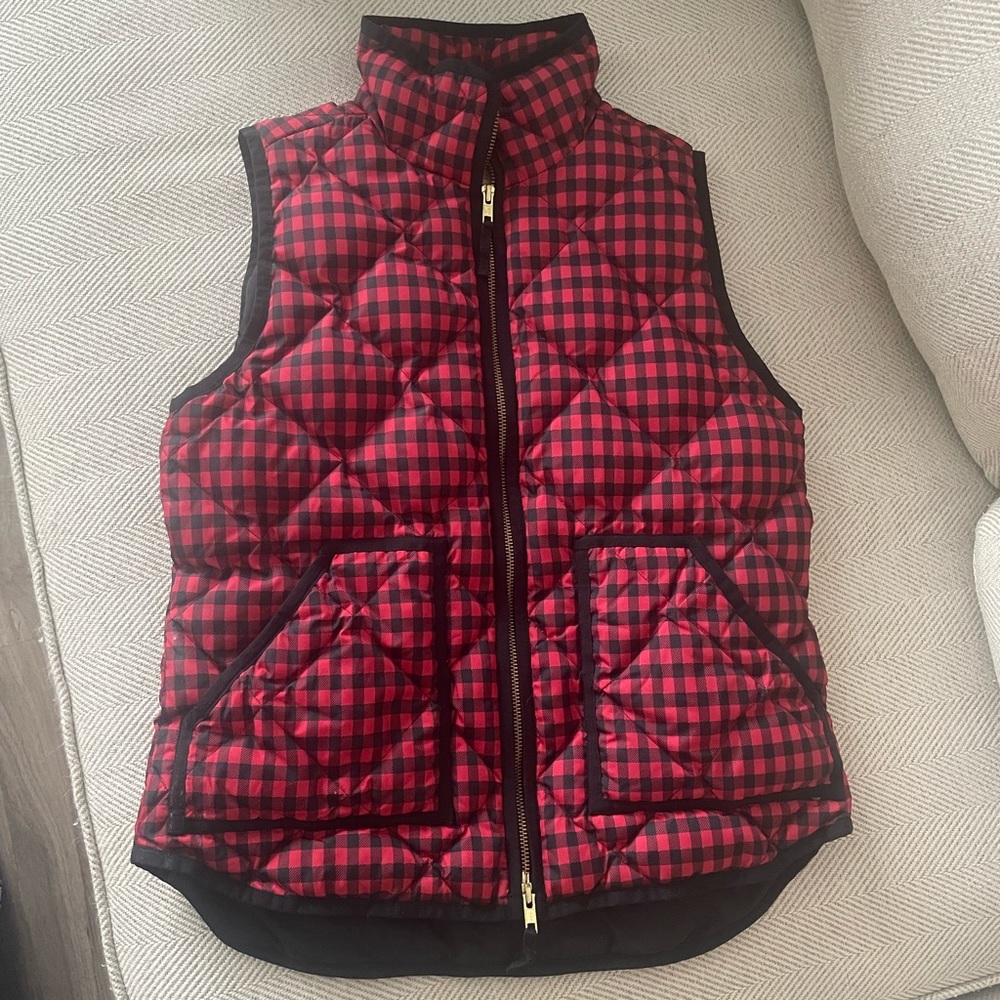 J. Crew buffalo check red black plaid zip up puffy down vest